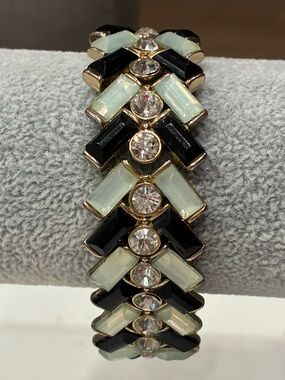 Vintage Art Deco Revival Black & Mint Rhinestone Statement Stretch Bracelet